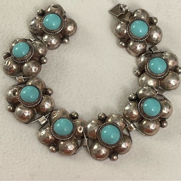 VTG Southwest Sterling Silver Turquoise Bracelet Bubble Link Design Sz 7”